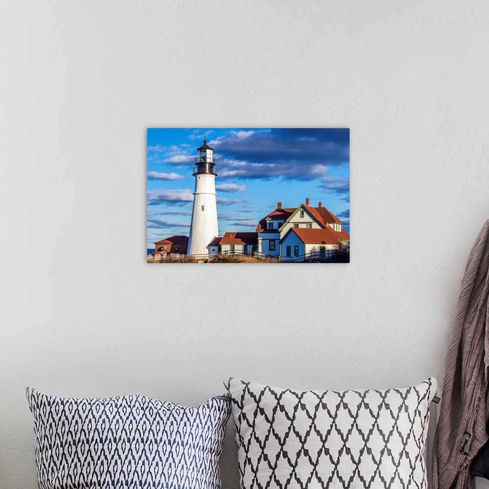 A bohemian room featuring USA, Maine, Cape Elizabeth, Portland Head Light lighthouse.