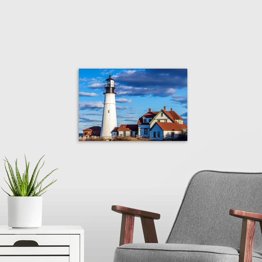 A modern room featuring USA, Maine, Cape Elizabeth, Portland Head Light lighthouse.