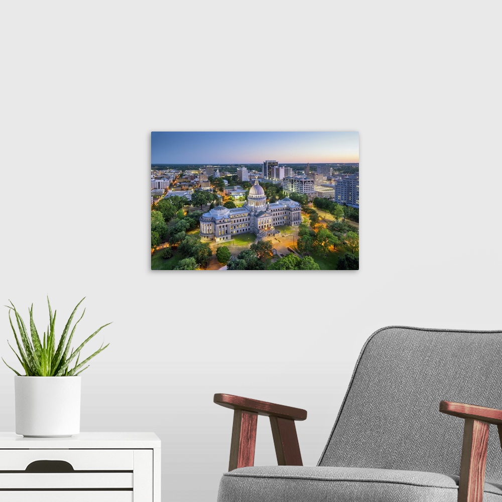 A modern room featuring USA, Mississippi, Jackson, Capital City, State Capitol Building, Downtown Skyline.