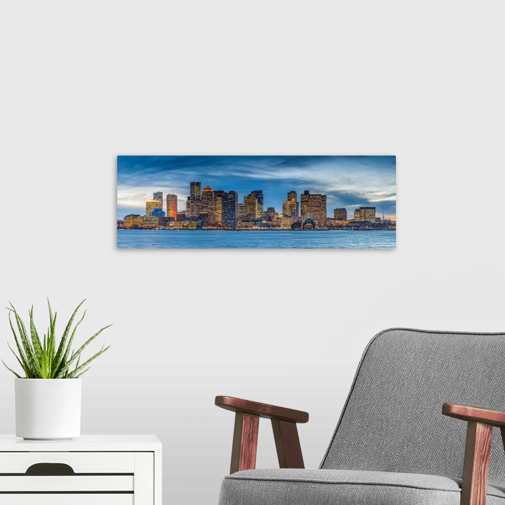A modern room featuring USA, New England, Massachusetts, Boston, city skyline from Boston Harbor.