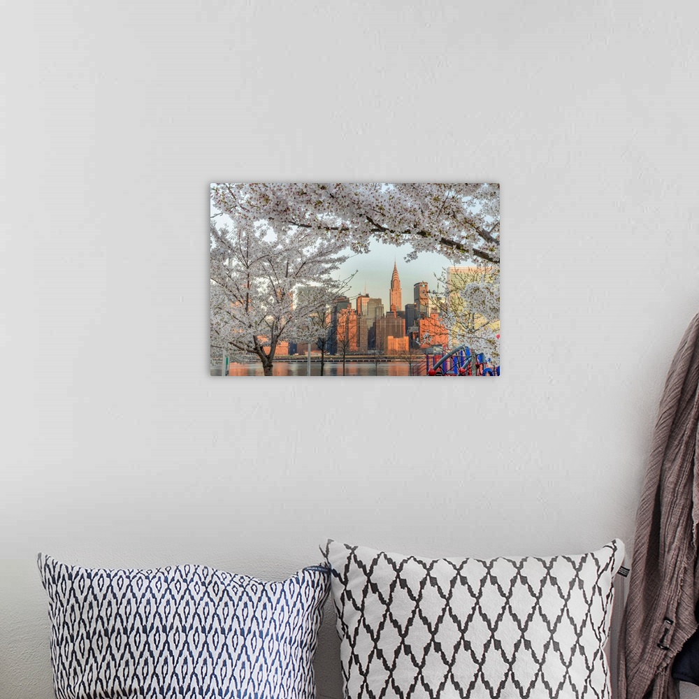 A bohemian room featuring USA, American, New York, Chrysler Building and Midtown Skyline from Long Island City in spring.