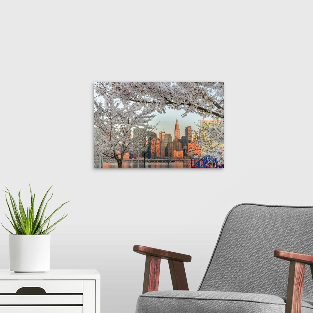 A modern room featuring USA, American, New York, Chrysler Building and Midtown Skyline from Long Island City in spring.
