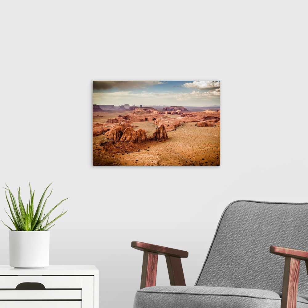 A modern room featuring Utah, Ariziona border, panorama of the Monument Valley from a remote point of view, known as The ...