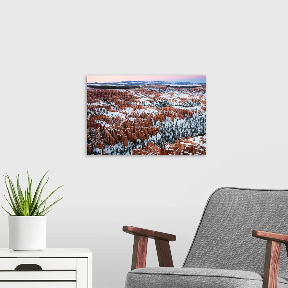 A modern room featuring USA, Utah, Bryce Canyon National Park, Bryce Amphitheater from Bryce Point dusk, winter