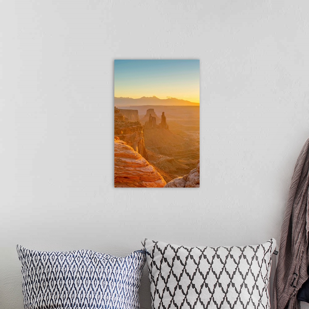 A bohemian room featuring USA, Utah, Canyonlands National Park, Island in the Sky District, view from Mesa Arch, Sunrise.