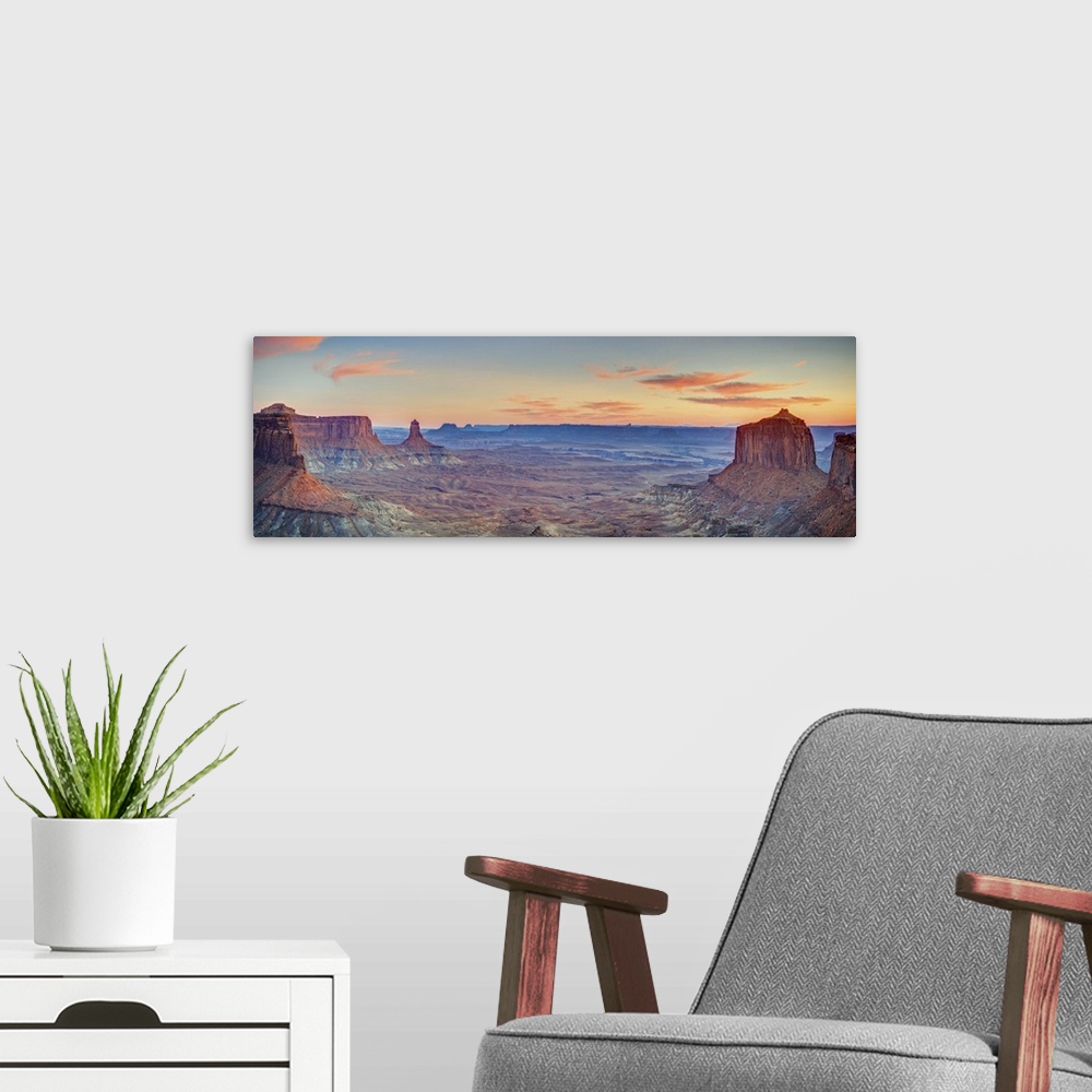 A modern room featuring USA, Utah, Canyonlands National Park, Island in the Sky District, View from False Khiva