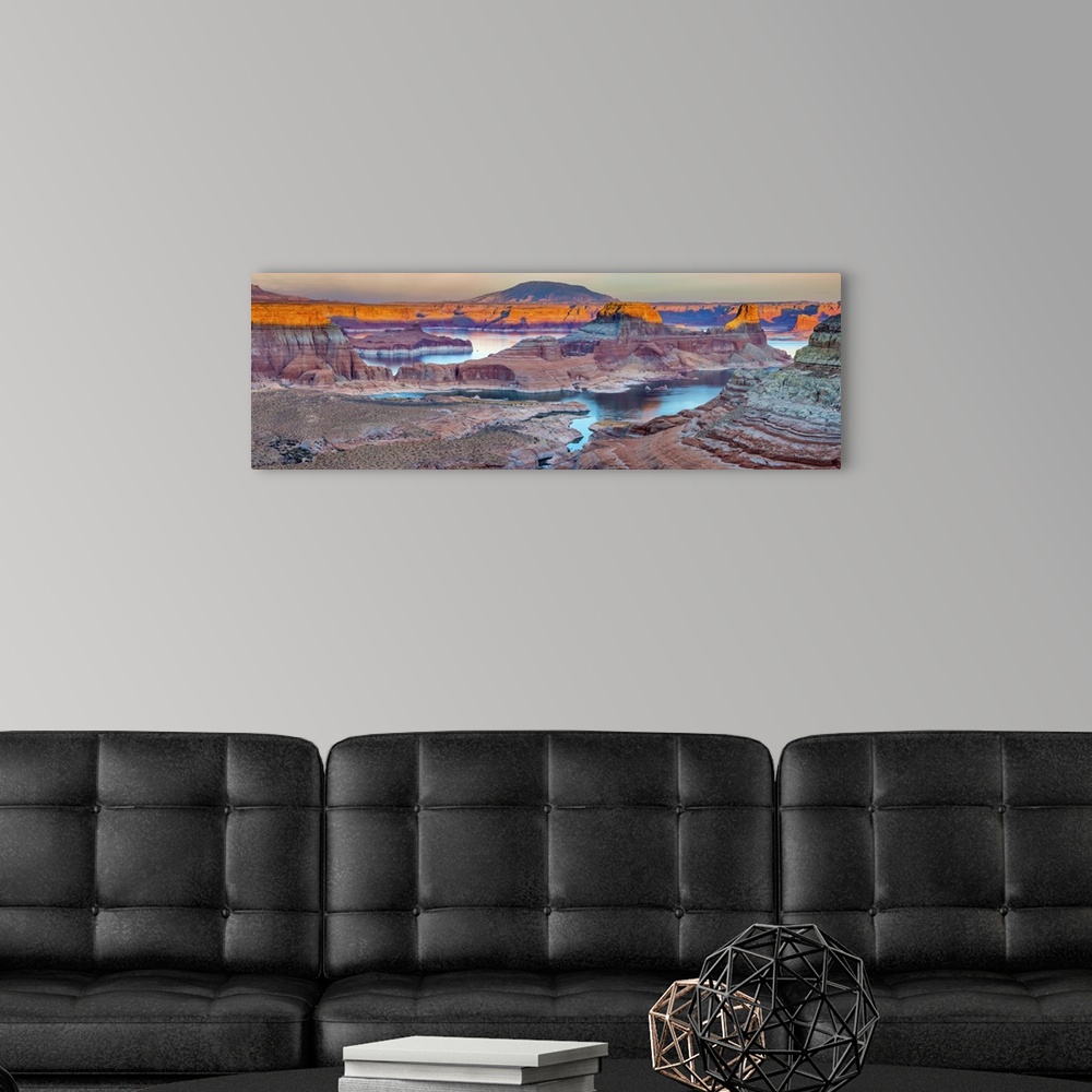 A modern room featuring USA, Utah, Glen Canyon National Recreation Area, Lake Powell, Gunsight Bay at dusk from Romana Mesa.