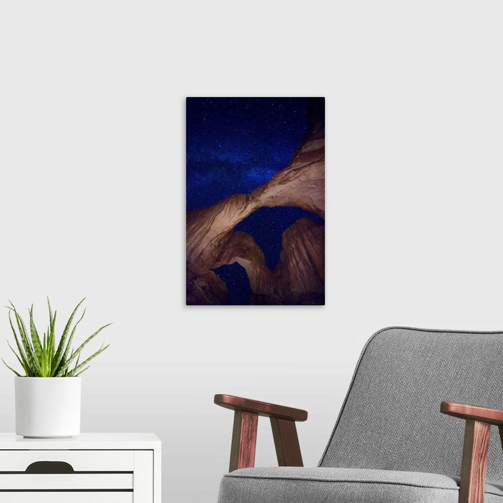 A modern room featuring USA, Utah, Moab, Arches National Park, Double Arch and Milky Way