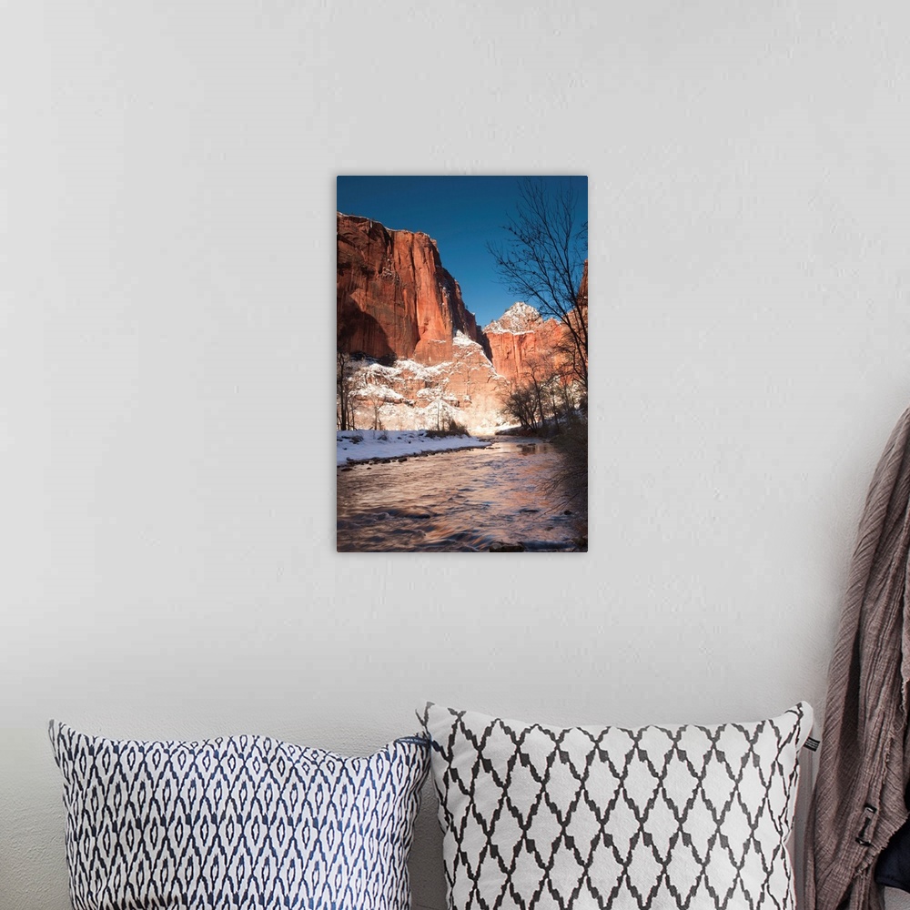 A bohemian room featuring USA, Utah, Zion National Park, Landscape by the North Fork Virgin River, winter