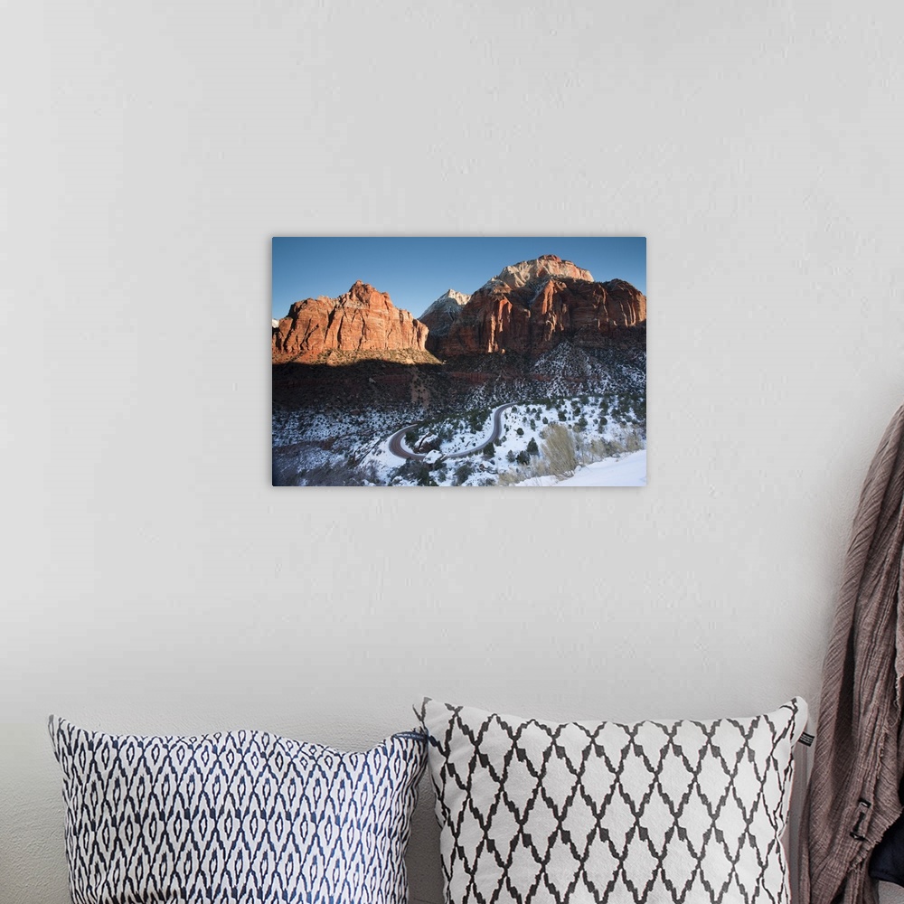 A bohemian room featuring USA, Utah, Zion National Park, Zion-Mt. Carmel Highway, winter, morning