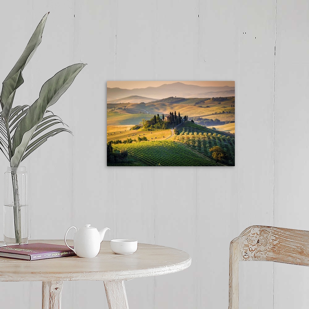 A farmhouse room featuring Val d'Orcia, Tuscany, Italy. A lonely farmhouse with cypress and olive trees, rolling hills.