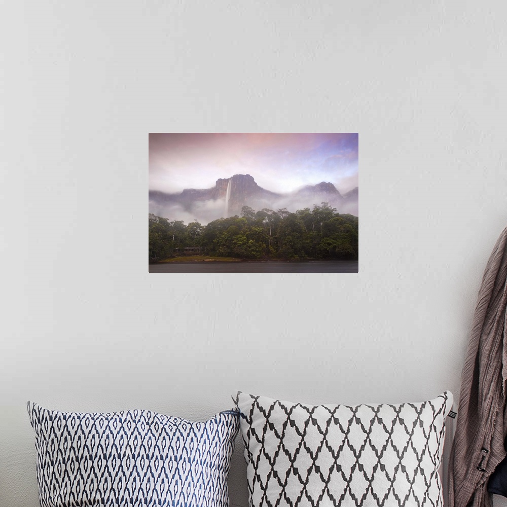 A bohemian room featuring Venezuela, Guayana, Canaima National Park, Mist swirls round Angel Falls at sunrise