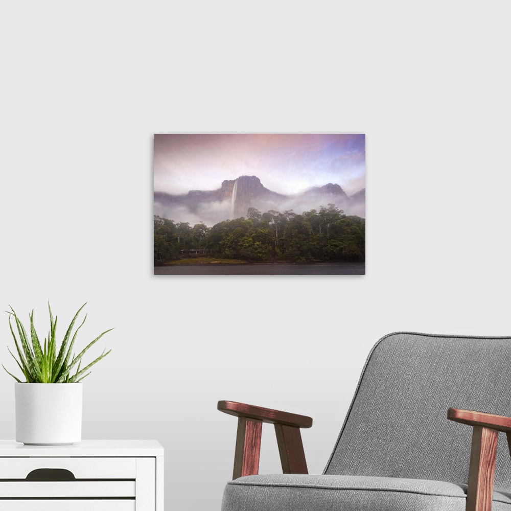 A modern room featuring Venezuela, Guayana, Canaima National Park, Mist swirls round Angel Falls at sunrise