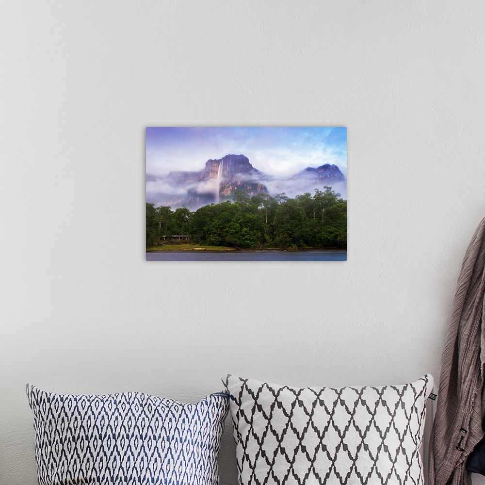 A bohemian room featuring Venezuela, Guayana, Canaima National Park, Mist swirls round Angel Falls at sunrise