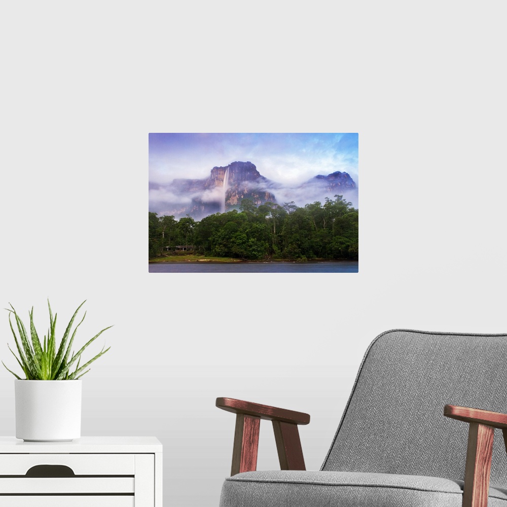 A modern room featuring Venezuela, Guayana, Canaima National Park, Mist swirls round Angel Falls at sunrise