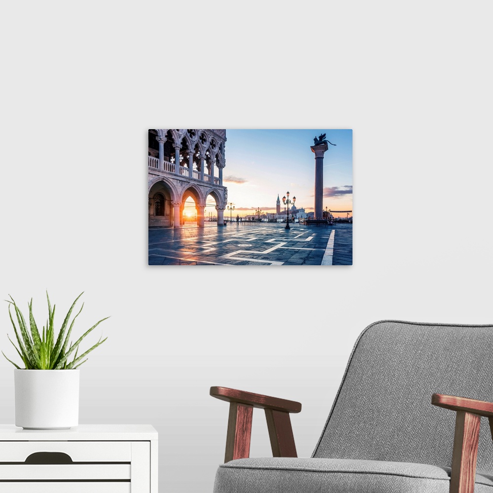 A modern room featuring Venice, Veneto, Italy. Sunrise Through The Arches Of Doge's Palace In Piazzetta San Marco.
