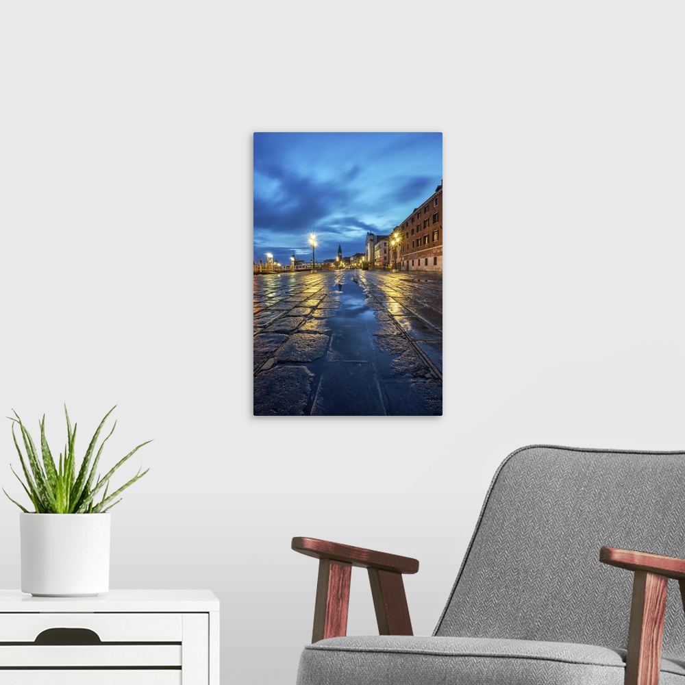 A modern room featuring Venice, Veneto, Italy. Blue hour at Riva degli Schiavoni, Venice.