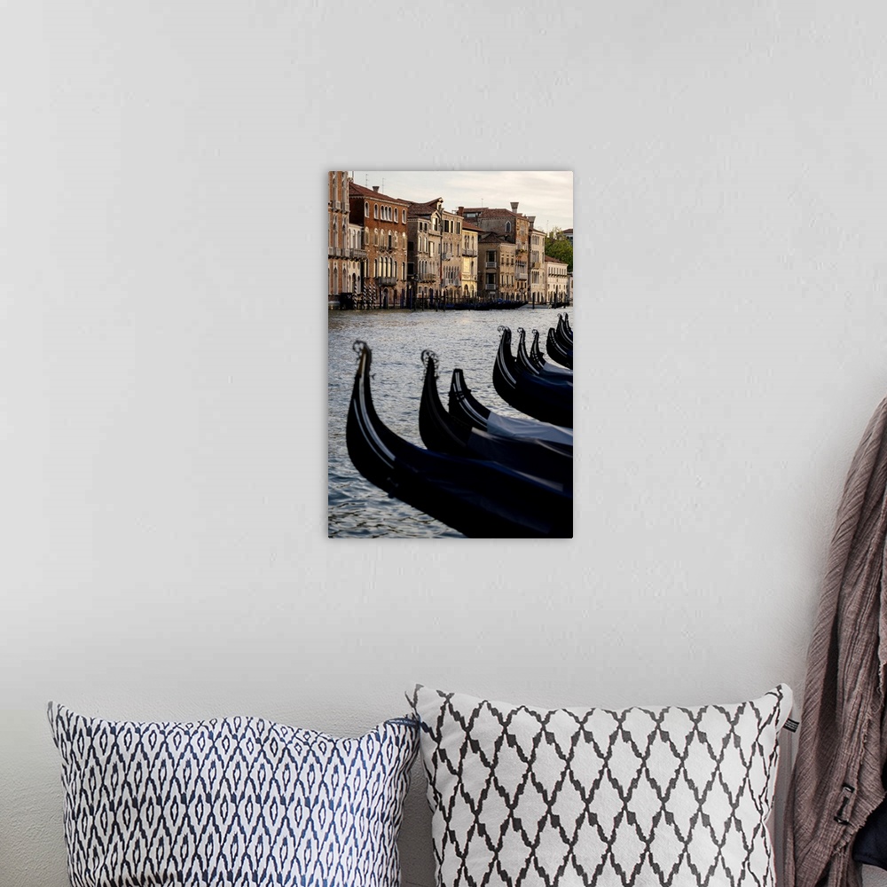 A bohemian room featuring Venice, Veneto, Italy. Gondolas bows and Grand Canal at sunset.