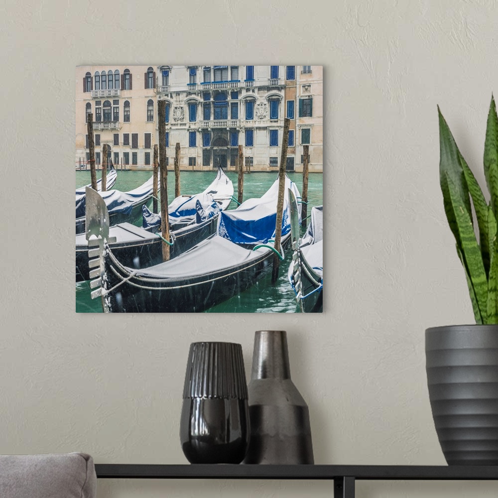 A modern room featuring Venice, Veneto, Italy. Gondolas Covered With Snow Along The Grand Canal (Canal Grande).