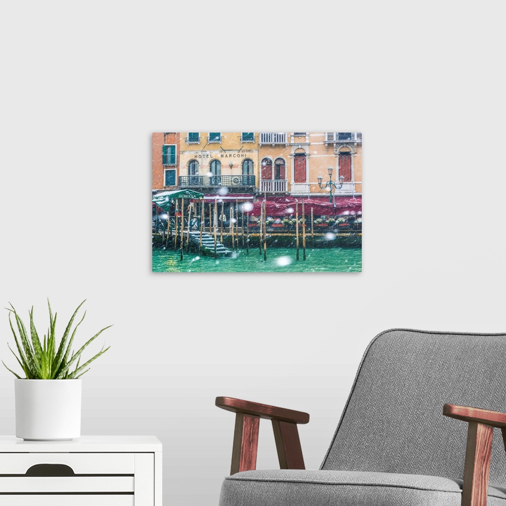 A modern room featuring Venice, Veneto, Italy. Snowfall At Grand Canal (Canal Grande).