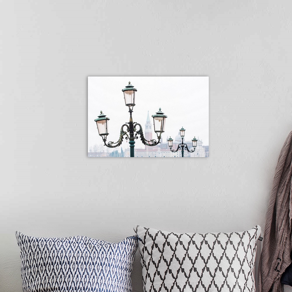 A bohemian room featuring Venice, Veneto, Italy. Typical Street Lamps And San Giorgio Maggiore In A Misty Morning.