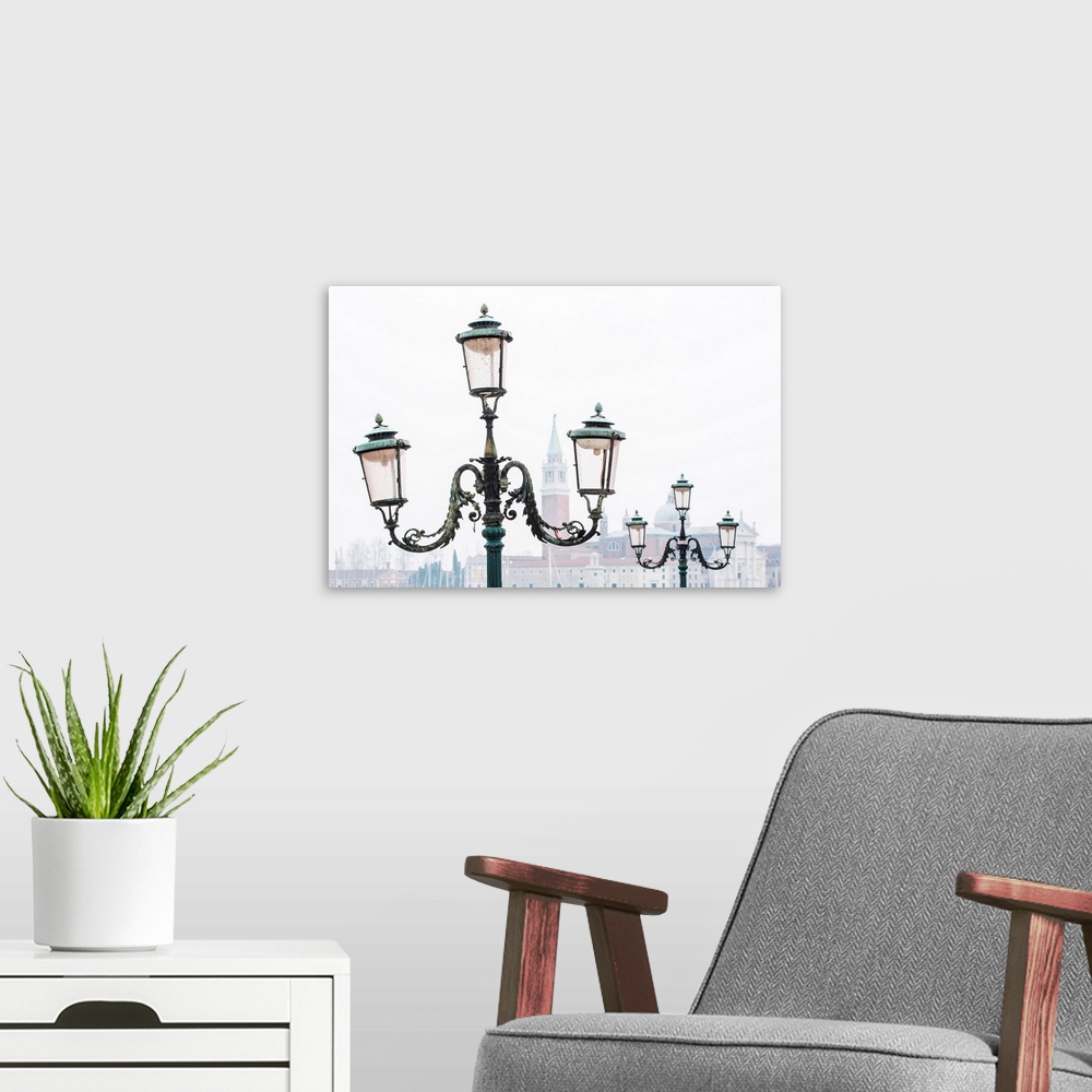 A modern room featuring Venice, Veneto, Italy. Typical Street Lamps And San Giorgio Maggiore In A Misty Morning.