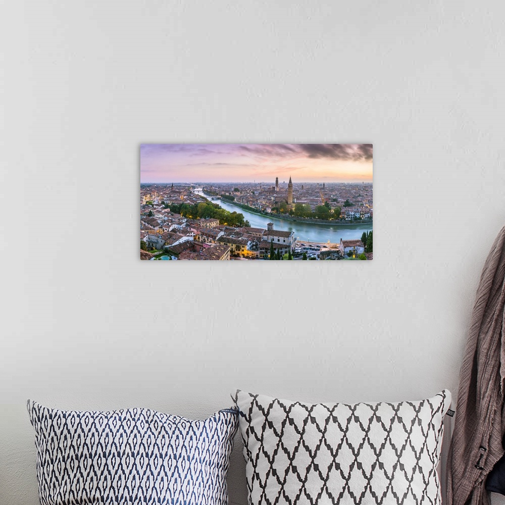 A bohemian room featuring Verona, Veneto, Italy. High angle panoramic view of the old town and the Adige river at sunset.