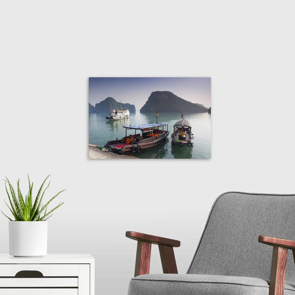 A modern room featuring Vietnam, Halong Bay, Tito Island, water taxis.