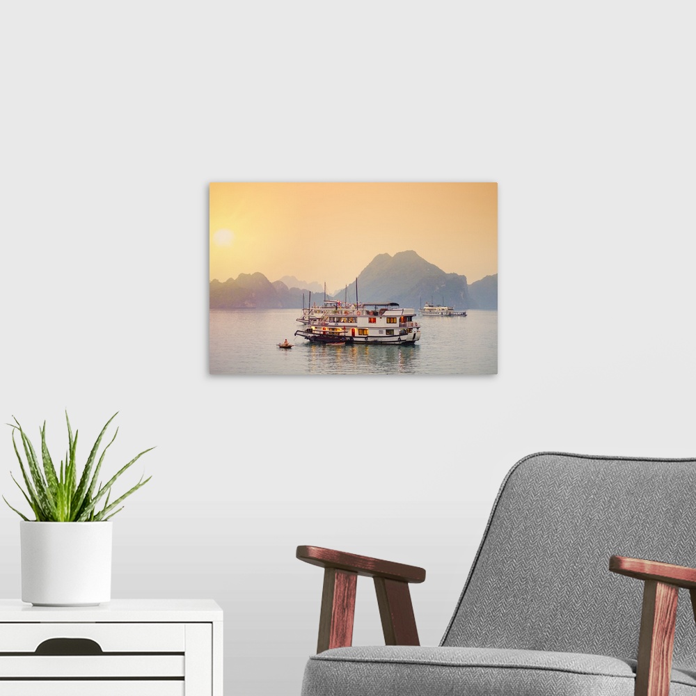 A modern room featuring Vietnam, Quang Ninh province, Halong Bay, tourist houseboats on Halong Bay
