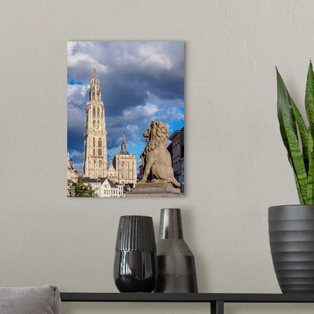 A modern room featuring View From Steenplein Towards The Cathedral Of Our Lady, Antwerp, Belgium