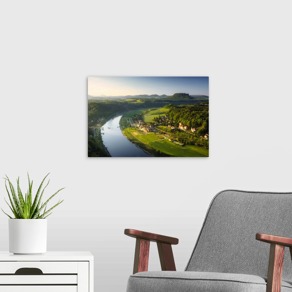 A modern room featuring View from the Bastei into the Elbe valley, Rathen, behind Lilienstein, national park Saxon Switze...