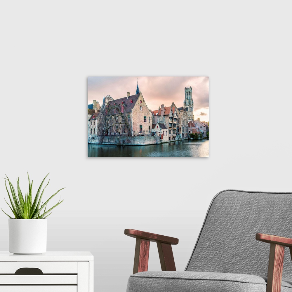 A modern room featuring View from the Rozenhoedkaai, Bruges, Belgium, Europe.