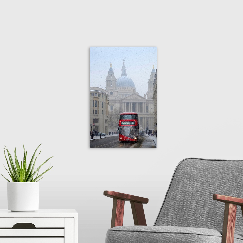 A modern room featuring United Kingdom, England, London, View Of A Red London Bus In Front Of St Paul's Cathedral In The ...