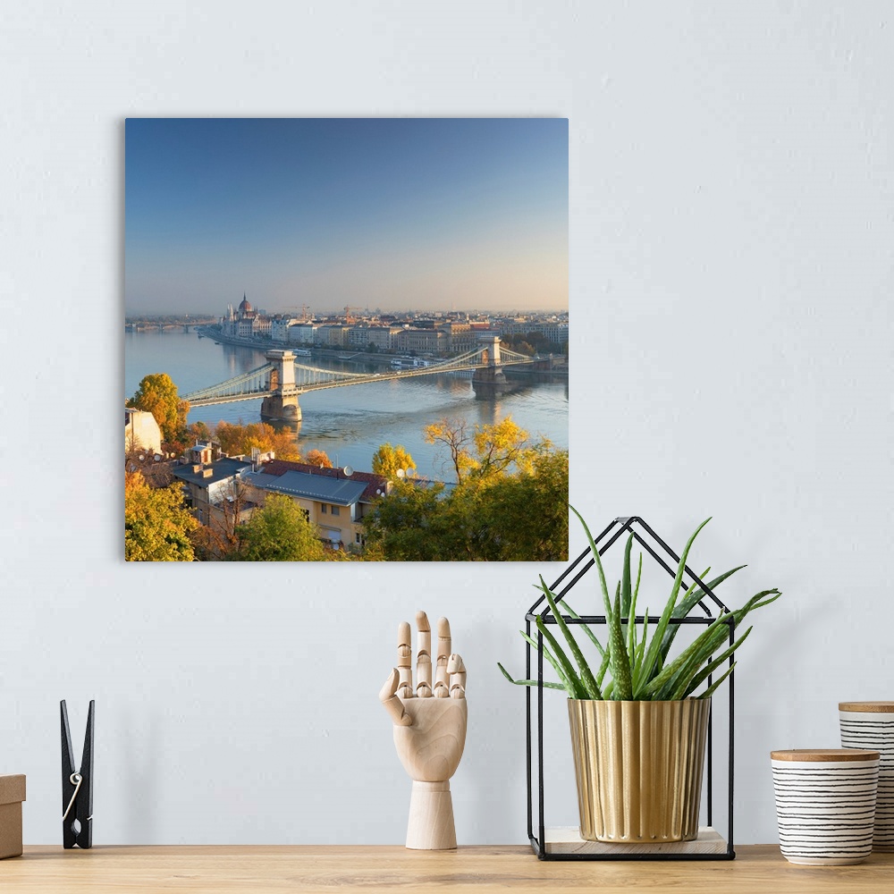 A bohemian room featuring View of Chain Bridge (Szechenyi Bridge) and River Danube, Budapest, Hungary.