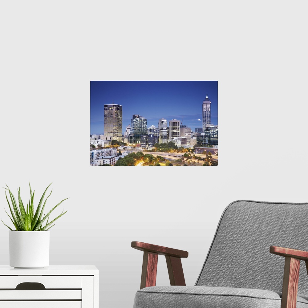 A modern room featuring View of city skyline, Perth, Western Australia, Australia