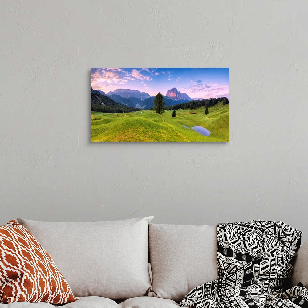 A bohemian room featuring Panoramic View Of Daunei Pasture After The Rain, Daunei, Selva Val Gardena, Gardena Valley, South...