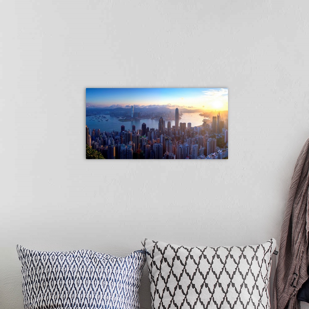 A bohemian room featuring View of Hong Kong Island skyline at dawn, Hong Kong, China.