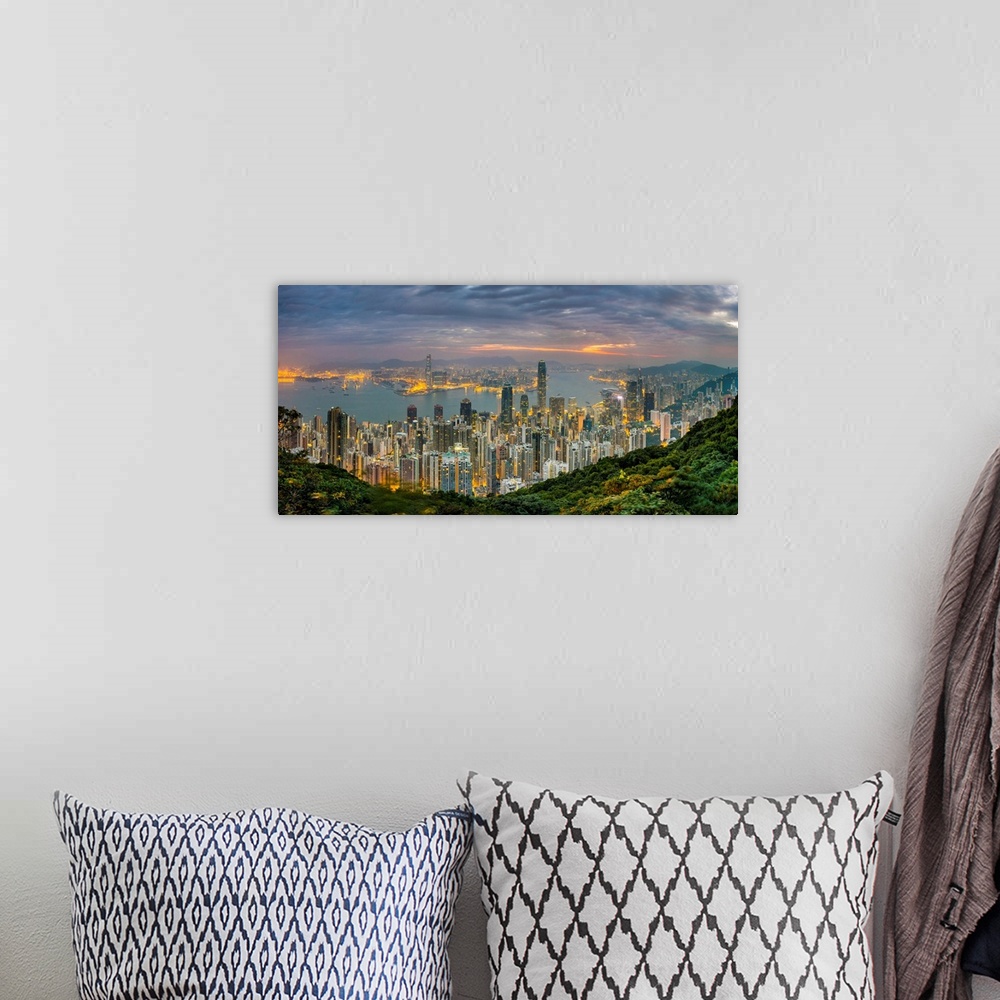 A bohemian room featuring Panoramic view of Hong Kong skyline at dawn from Lugard Road on Victoria Peak, Hong Kong Island, ...