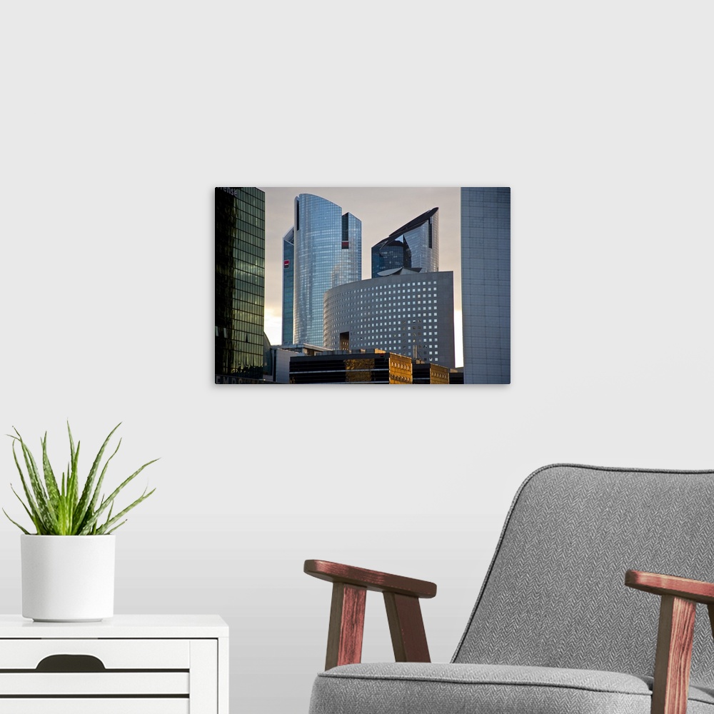 A modern room featuring View of La Defense, the main business district of Paris, France.
