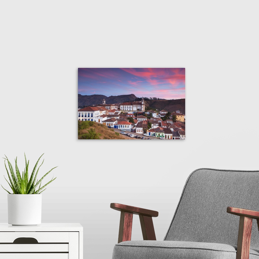 A modern room featuring View of Ouro Preto (UNESCO World Heritage Site) at sunset, Minas Gerais, Brazil