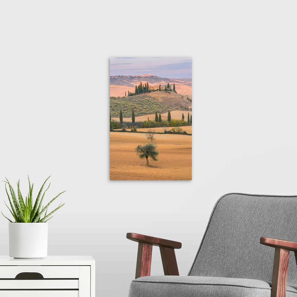 A modern room featuring San Quirico d'Orcia, Province Of Siena, Orcia Valley, Tuscany, Italy, Europe. View Of Podere Belv...