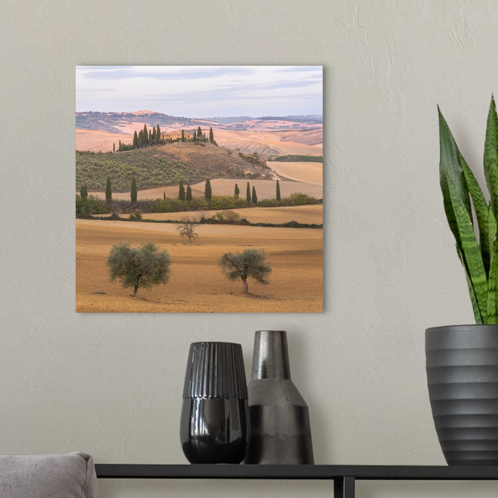 A modern room featuring San Quirico d'Orcia, Province Of Siena, Orcia Valley, Tuscany, Italy, Europe. View Of Podere Belv...