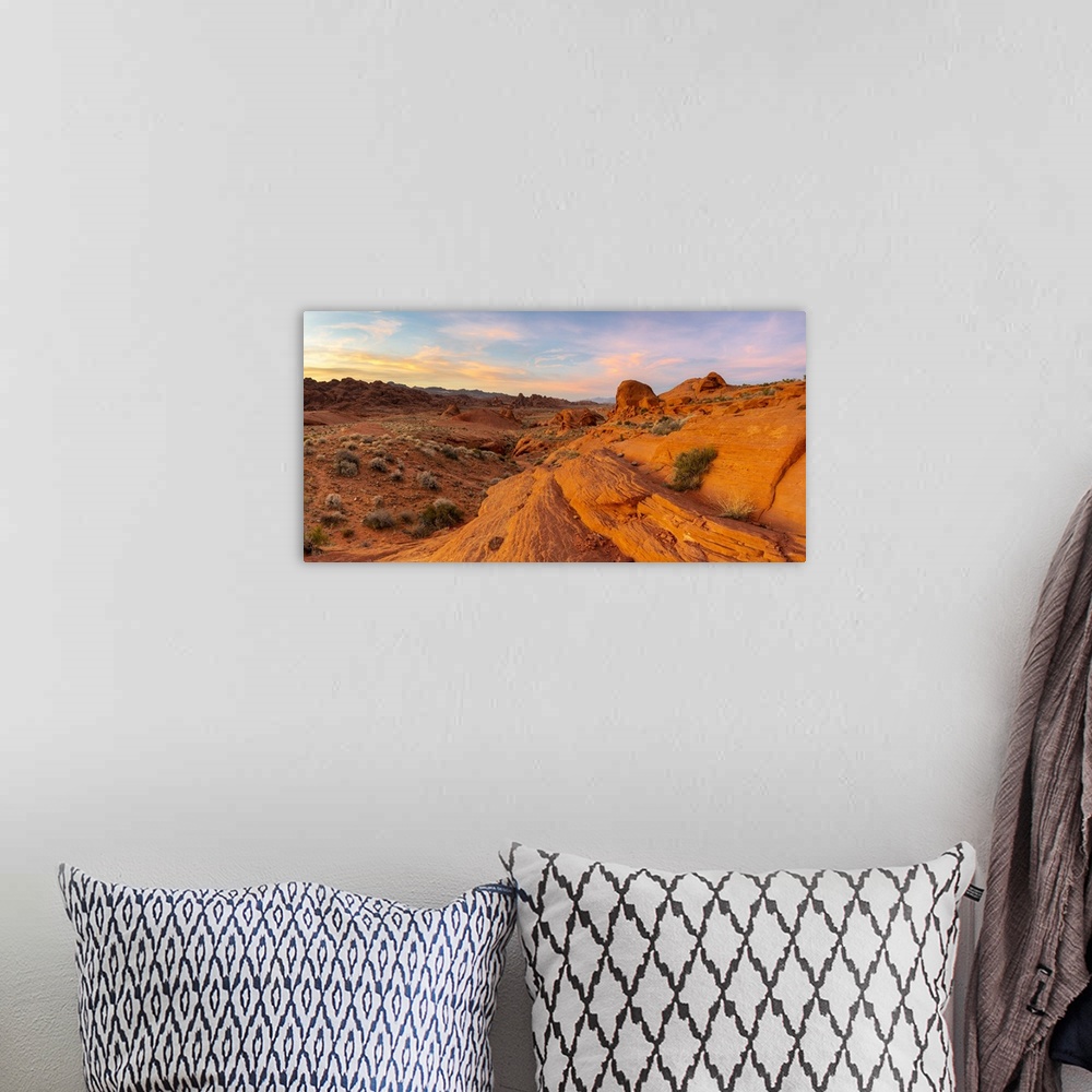 A bohemian room featuring Panoramic view of red rocks at White Domes area before sunset, Valley of Fire State Park, Nevada,...