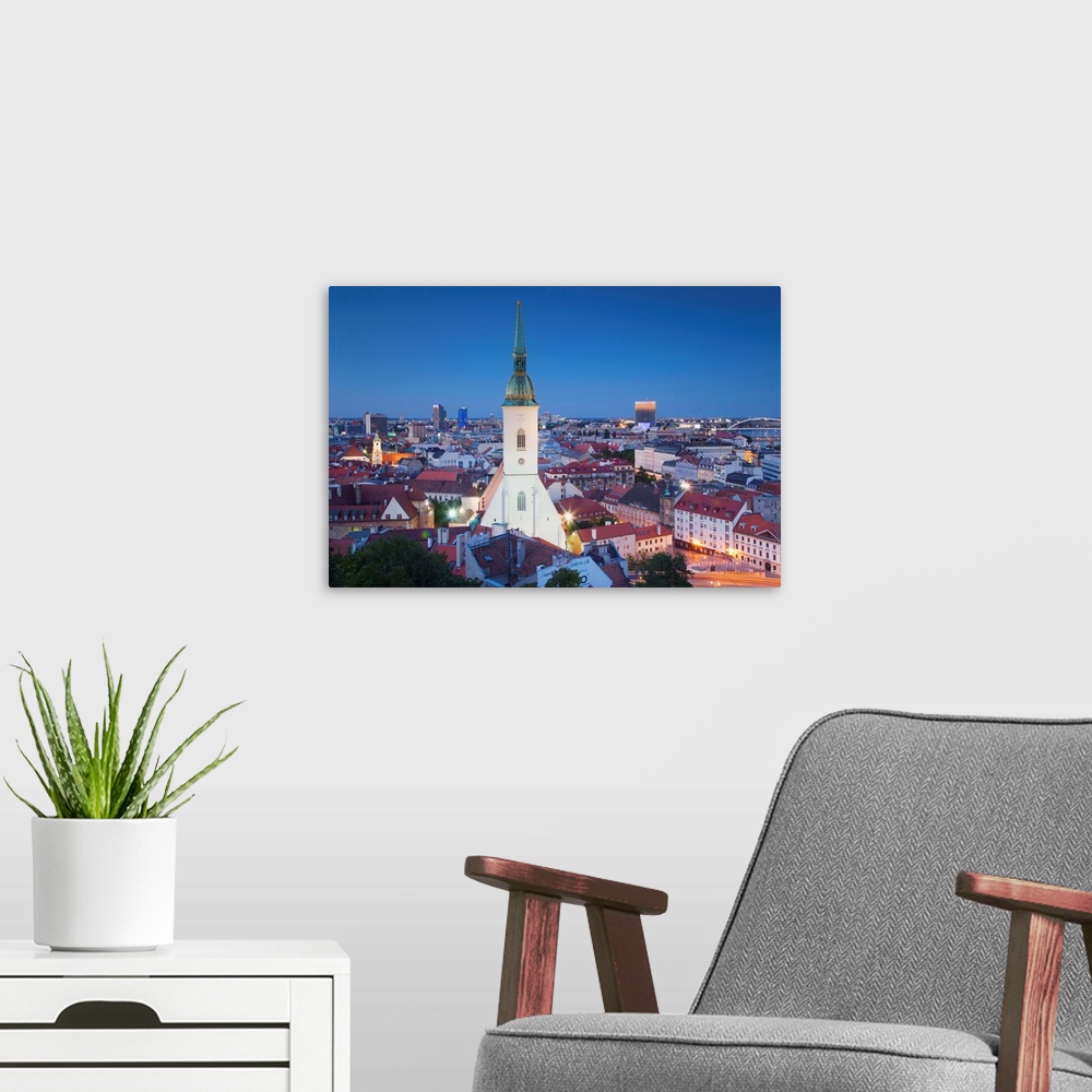 A modern room featuring View of St Martin's Cathedral and city skyline, Bratislava, Slovakia