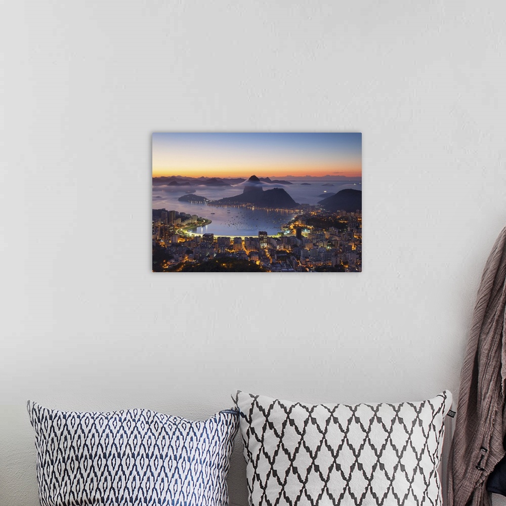 A bohemian room featuring View of Sugarloaf Mountain and Botafogo Bay at dawn, Rio de Janeiro, Brazil