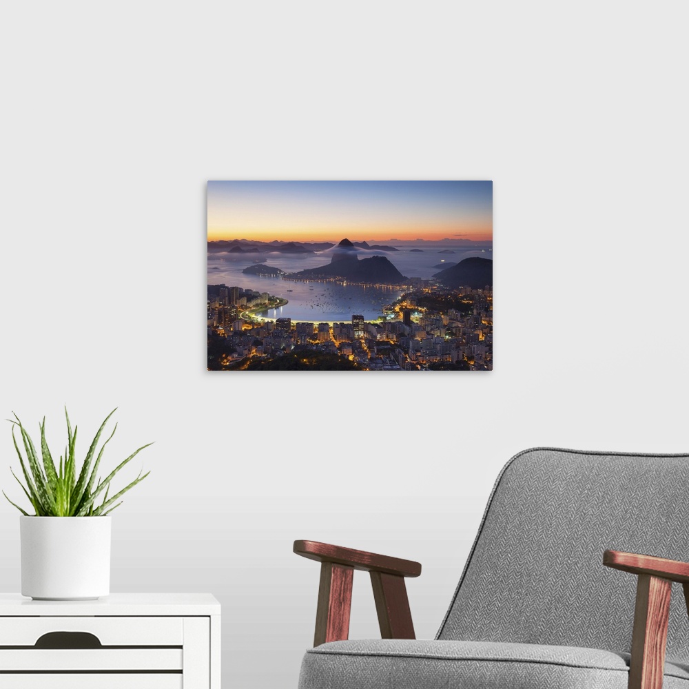 A modern room featuring View of Sugarloaf Mountain and Botafogo Bay at dawn, Rio de Janeiro, Brazil