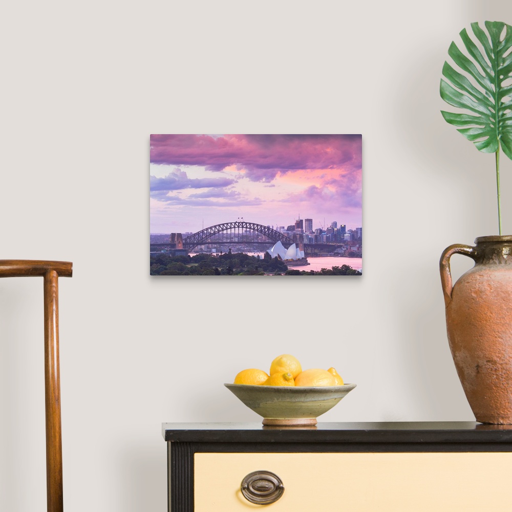 A traditional room featuring View Of Sydney Harbour Bridge And Sydney Opera House At Sunset, Sydney, New South Wales, Australia