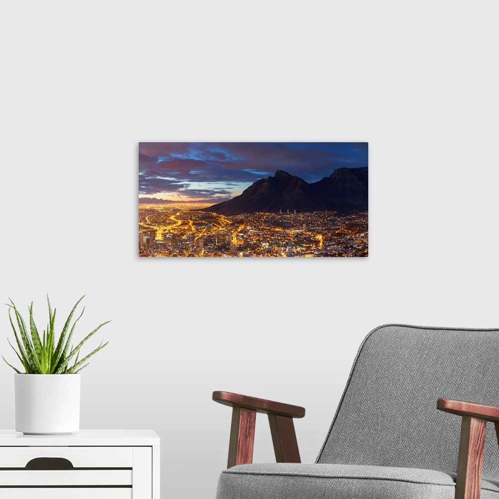 A modern room featuring View of Table Mountain and City Bowl at dawn, Cape Town, Western Cape, South Africa