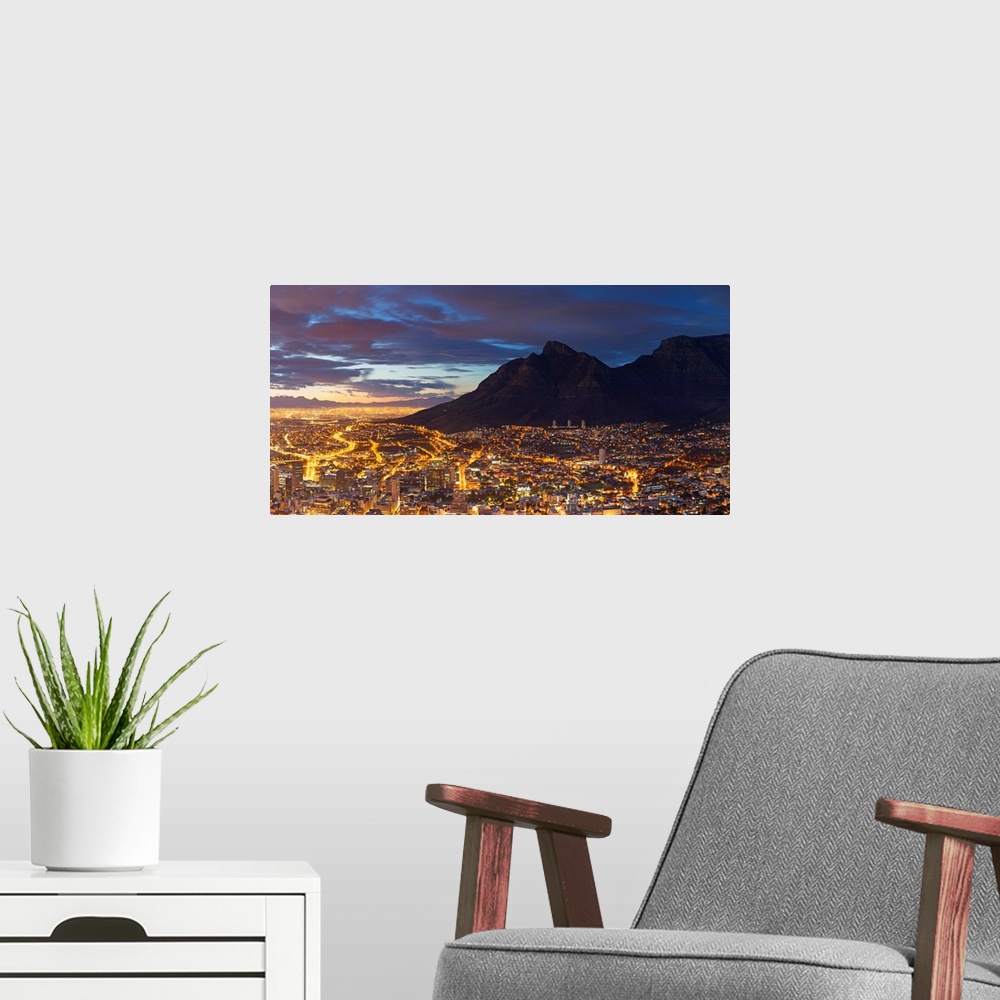 A modern room featuring View of Table Mountain and City Bowl at dawn, Cape Town, Western Cape, South Africa