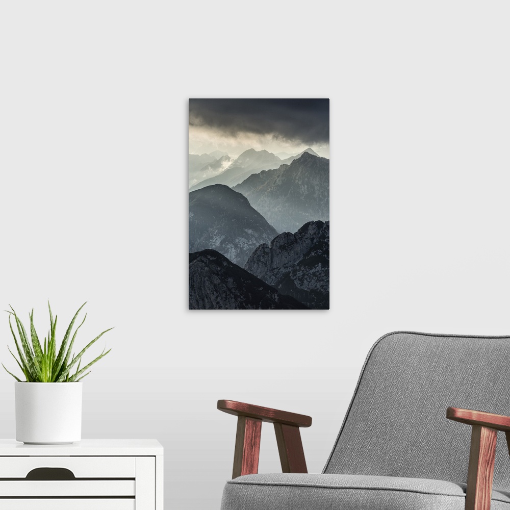 A modern room featuring View of the Austrian Alps from Mangrt, Slovenia. Central & Eastern Europe, Slovenia.